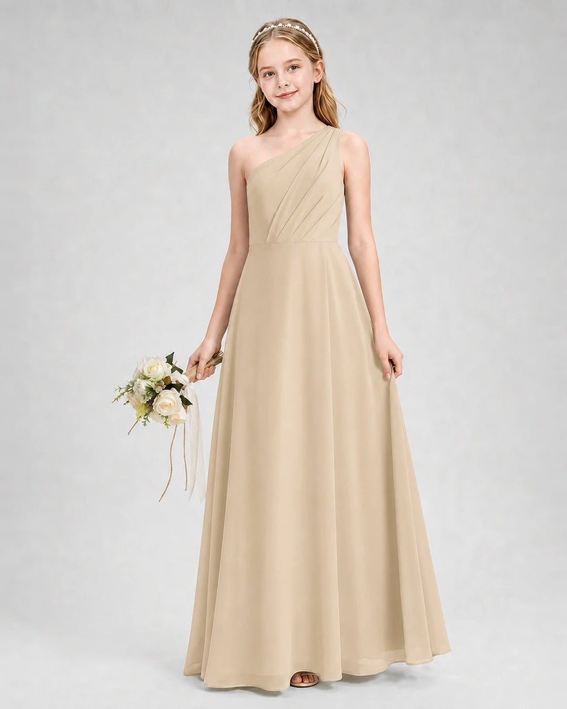 Champagne Chiffon One-Shoulder A-Line Junior Bridesmaid Dresses Side View