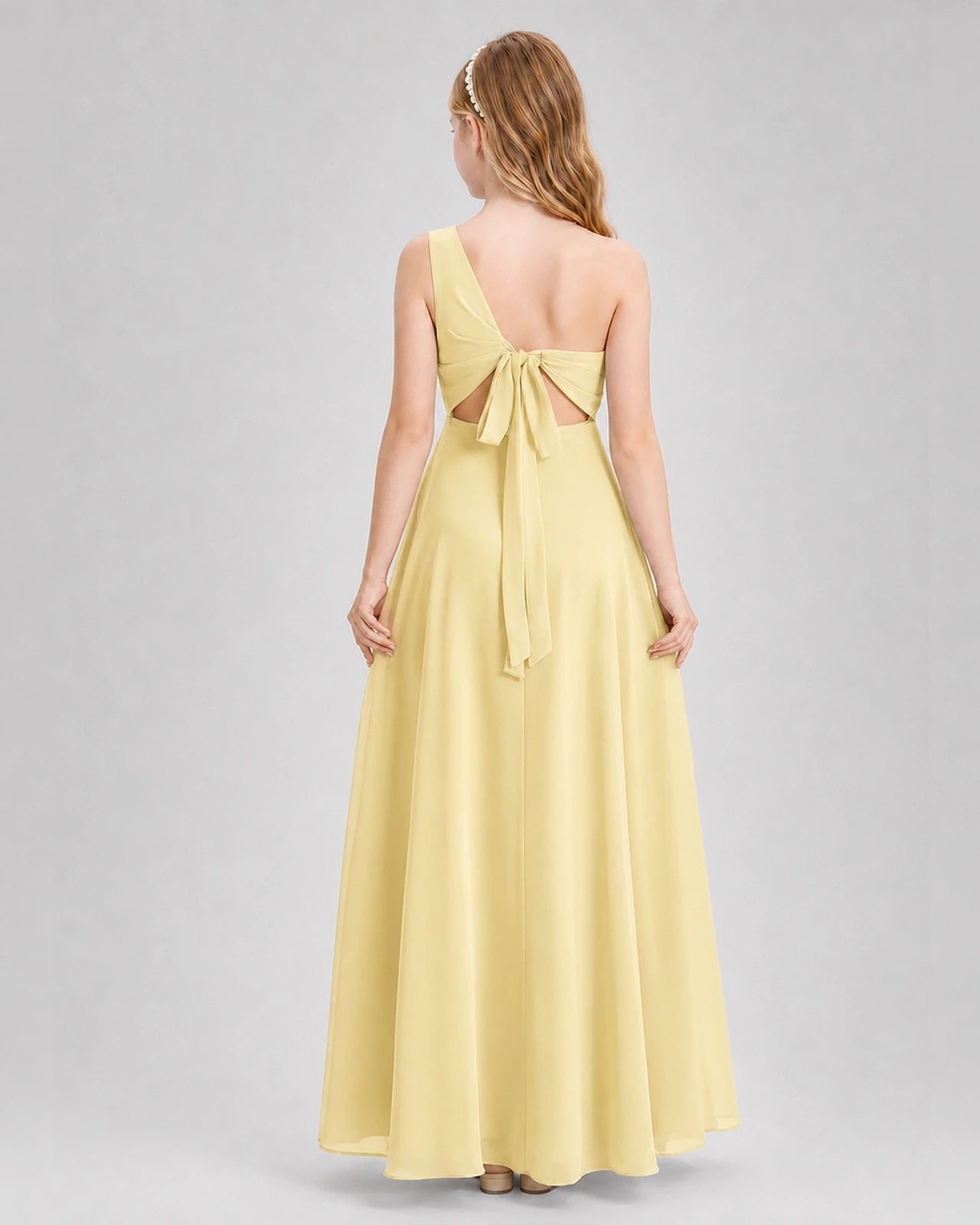 Dideyttawl One Shoulder Chiffon Junior Bridesmaid Dress with Slit
