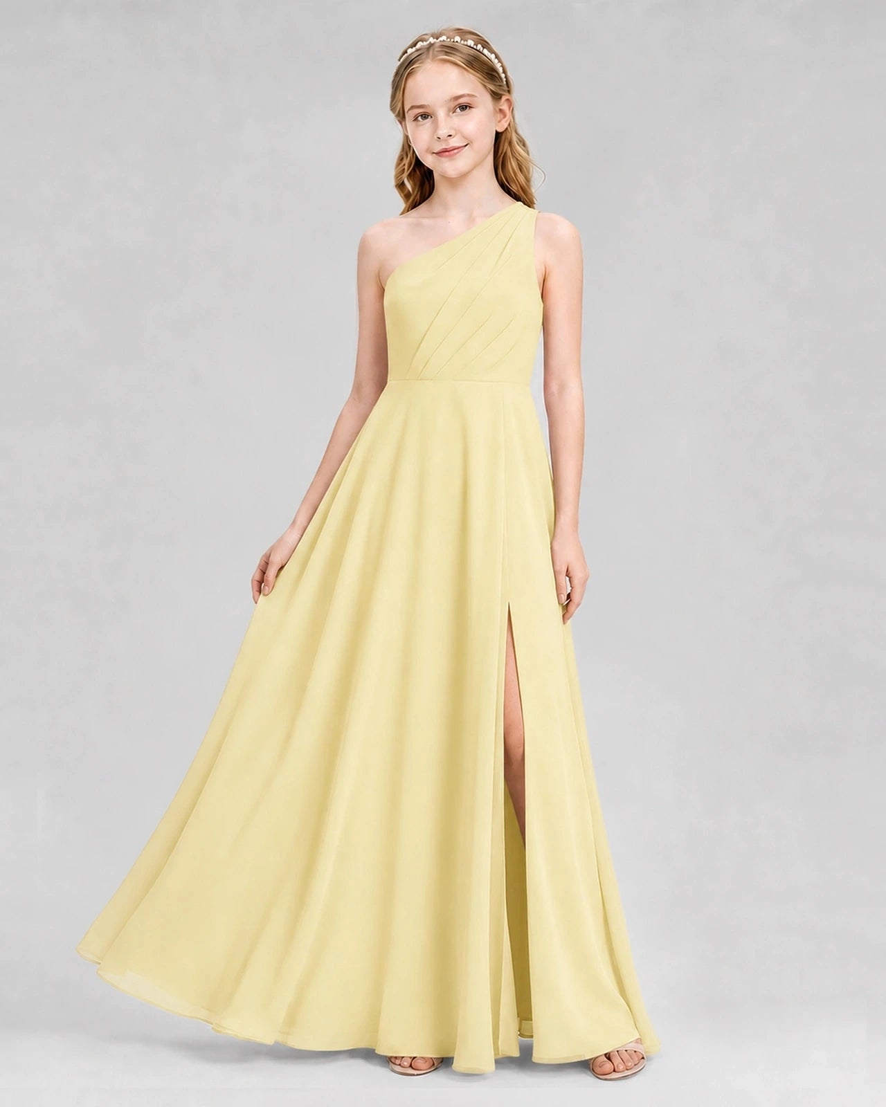 Dideyttawl One Shoulder Chiffon Junior Bridesmaid Dress with Slit