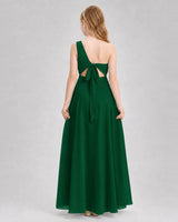 Dark Green Chiffon One-Shoulder Junior Bridesmaid Dresses Back View
