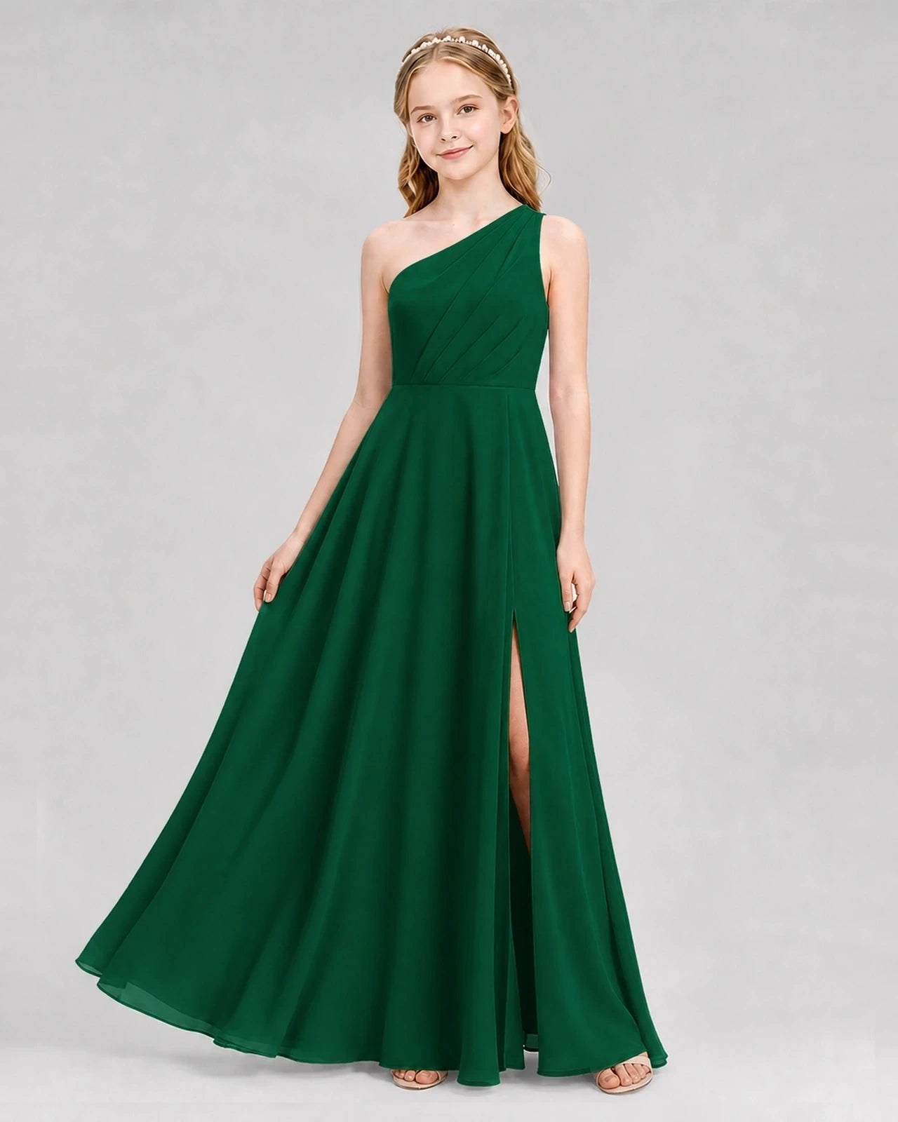 Dideyttawl One Shoulder Chiffon Junior Bridesmaid Dress with Slit