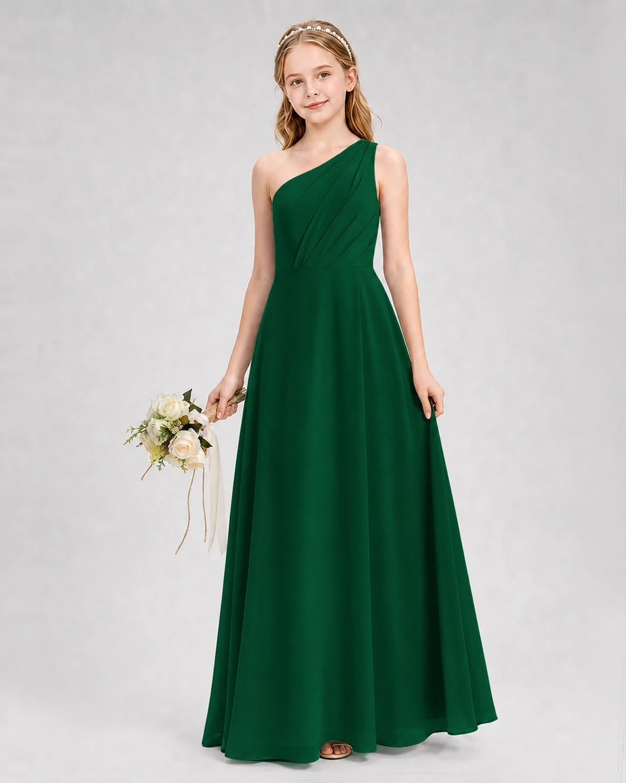 Dideyttawl One Shoulder Chiffon Junior Bridesmaid Dress with Slit