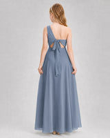 Dusty Blue Chiffon One-Shoulder Junior Bridesmaid Dresses Back View
