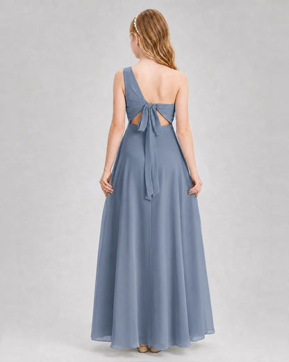 Dideyttawl One Shoulder Chiffon Junior Bridesmaid Dress with Slit