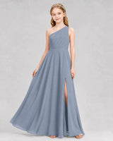 Dusty Blue Chiffon One-Shoulder Junior Bridesmaid Dresses Front View
