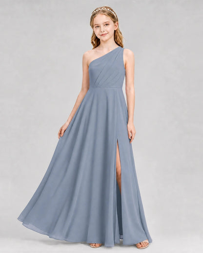Dideyttawl One Shoulder Chiffon Junior Bridesmaid Dress with Slit