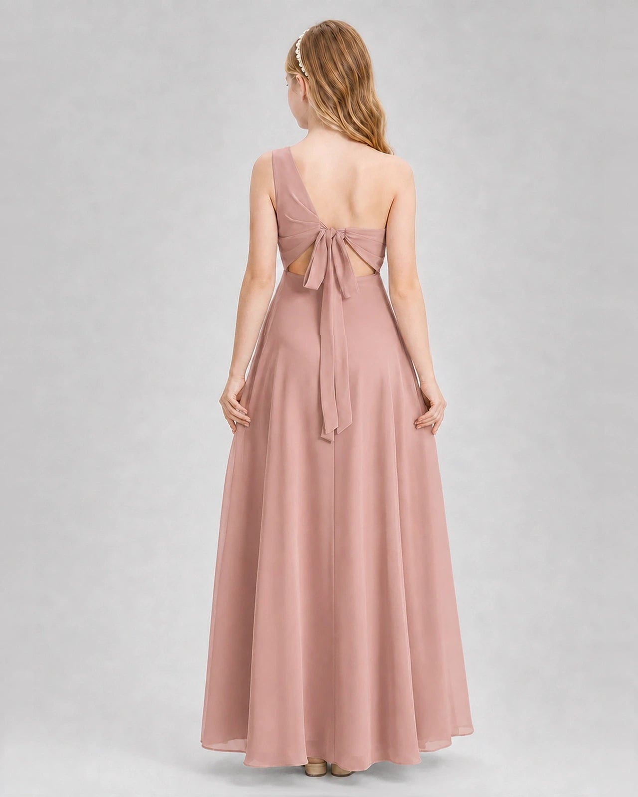 Dideyttawl One Shoulder Chiffon Junior Bridesmaid Dress with Slit