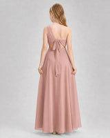 Dusty Rose Chiffon One-Shoulder Junior Bridesmaid Dress Back View