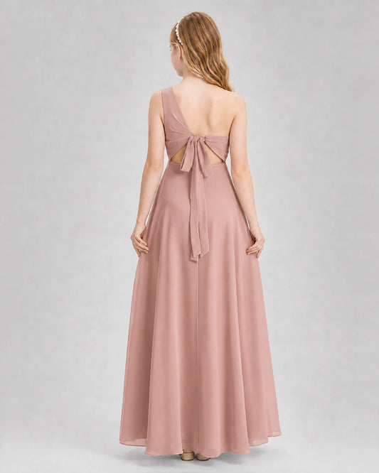 Dusty Rose Chiffon One-Shoulder Junior Bridesmaid Dress Back View