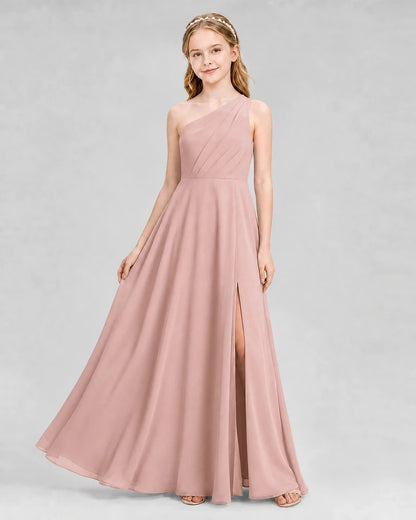Dideyttawl One Shoulder Chiffon Junior Bridesmaid Dress with Slit