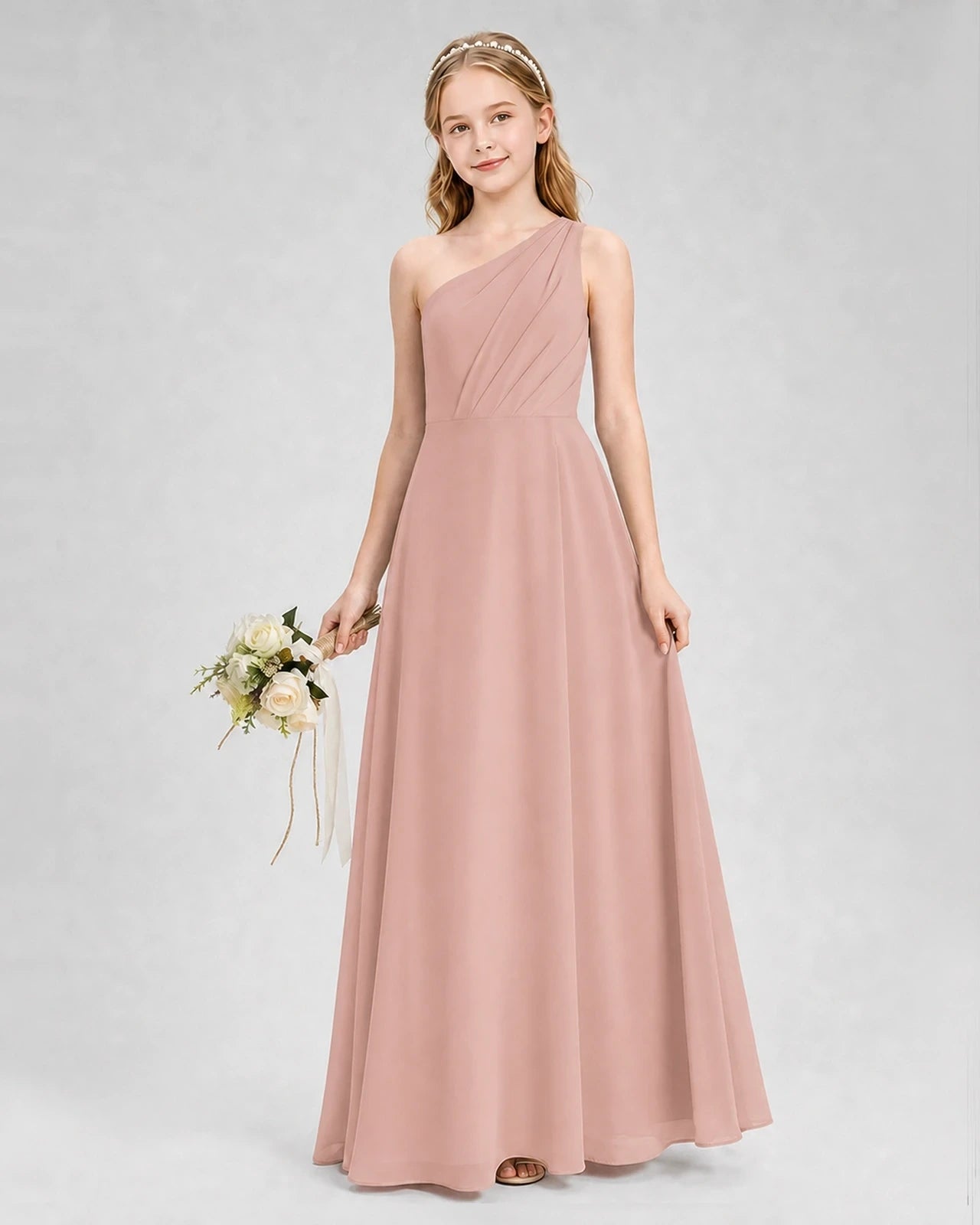Dideyttawl One Shoulder Chiffon Junior Bridesmaid Dress with Slit