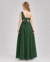 Emerald Green Chiffon One-Shoulder Junior Bridesmaid Dresses Back View