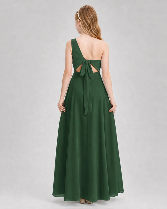 Emerald Green Chiffon One-Shoulder Junior Bridesmaid Dresses Back View