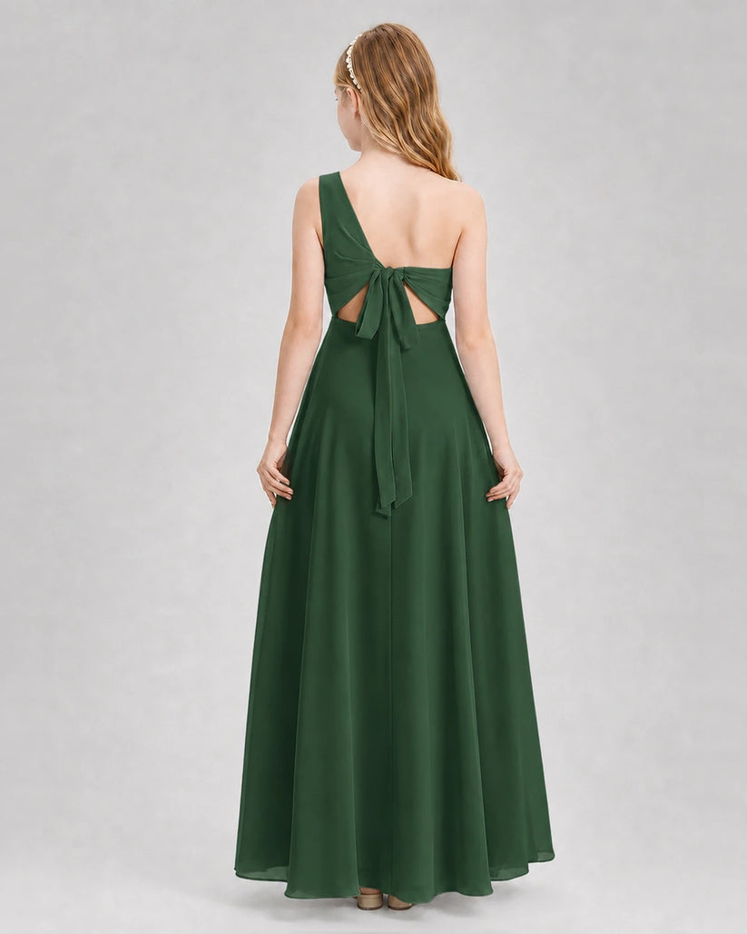 Emerald Green Chiffon One-Shoulder Junior Bridesmaid Dresses Back View