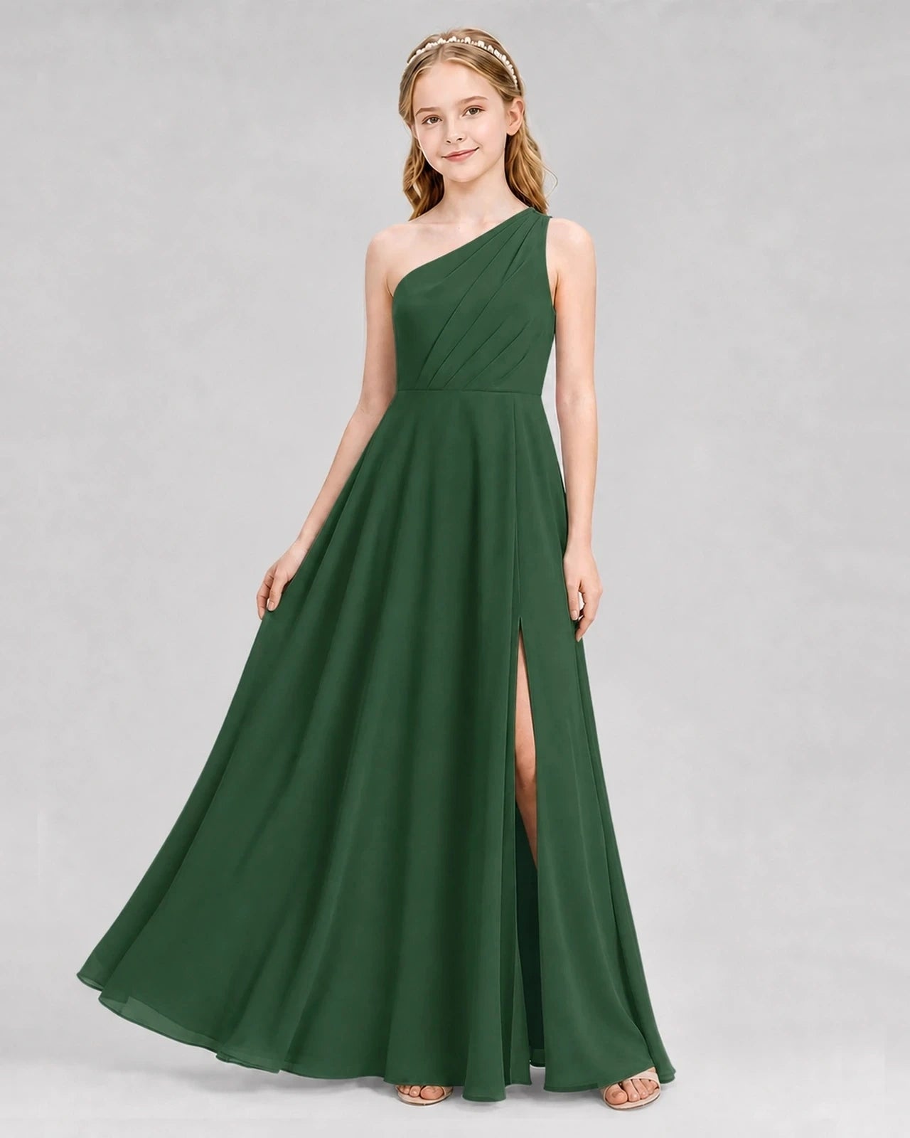Dideyttawl One Shoulder Chiffon Junior Bridesmaid Dress with Slit