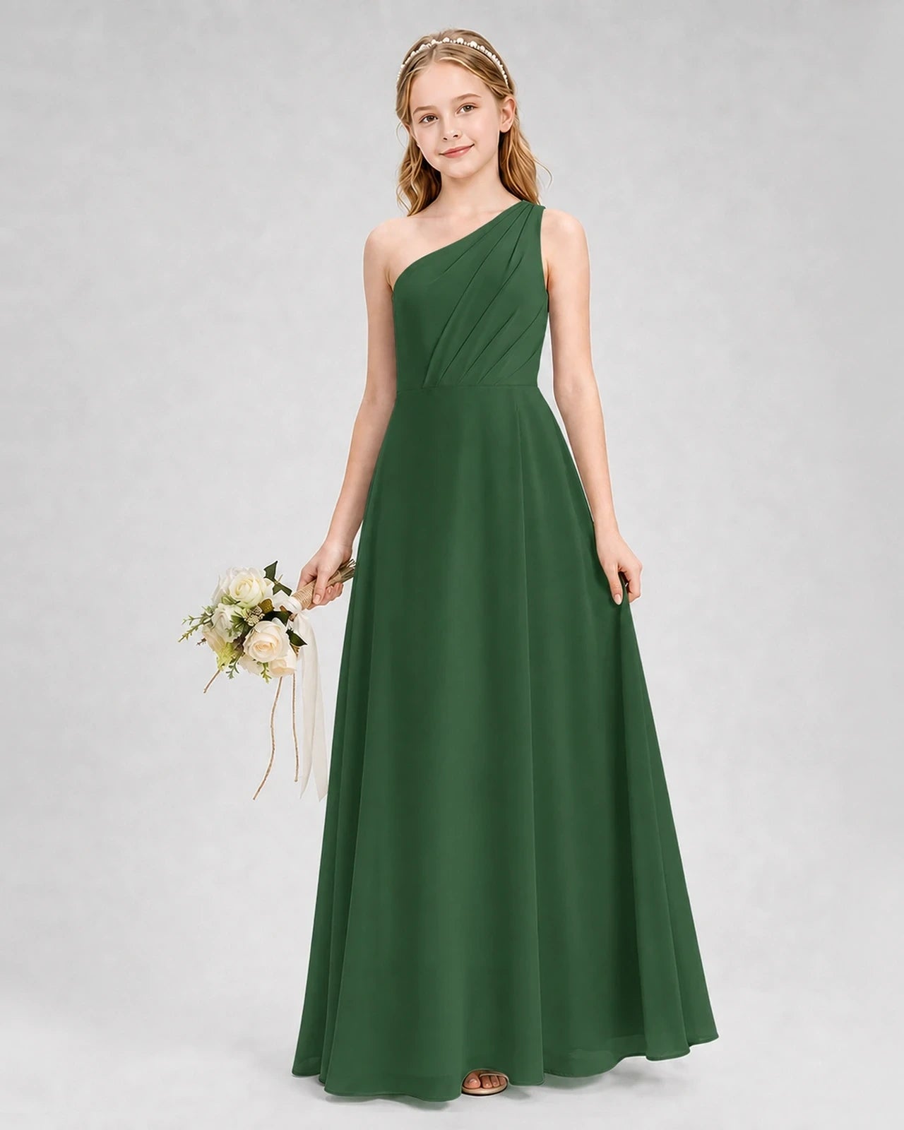 Dideyttawl One Shoulder Chiffon Junior Bridesmaid Dress with Slit