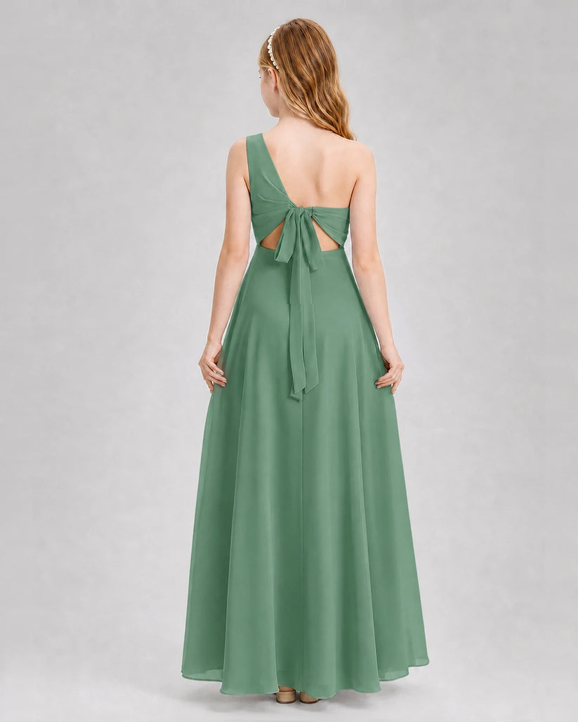 Eucalyptus chiffon one-shoulder junior bridesmaid dress, back view.