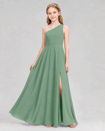 Dideyttawl One Shoulder Chiffon Junior Bridesmaid Dress with Slit