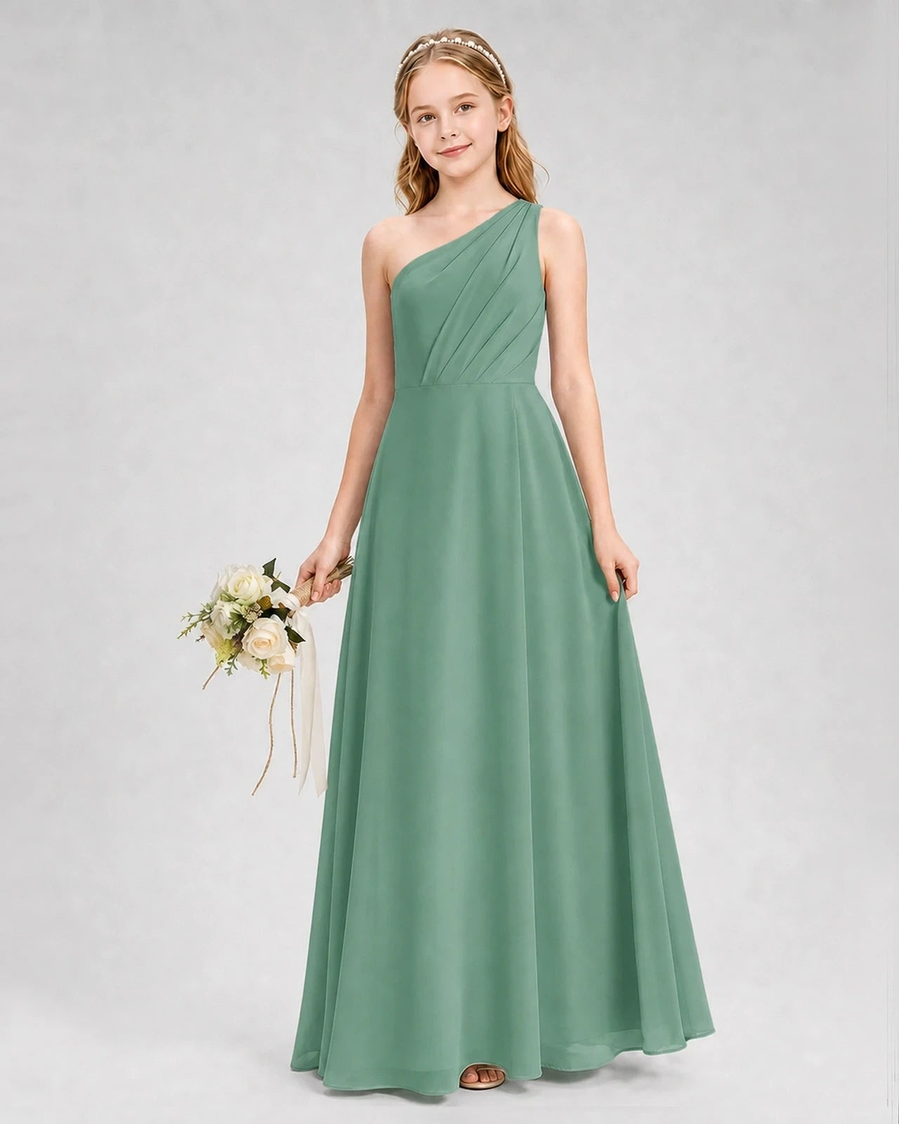 Dideyttawl One Shoulder Chiffon Junior Bridesmaid Dress with Slit