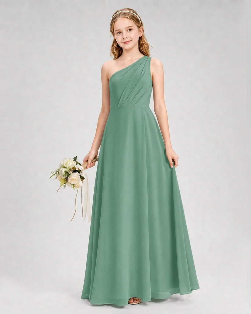 Eucalyptus Chiffon One-Shoulder Junior Bridesmaid Dress Side View