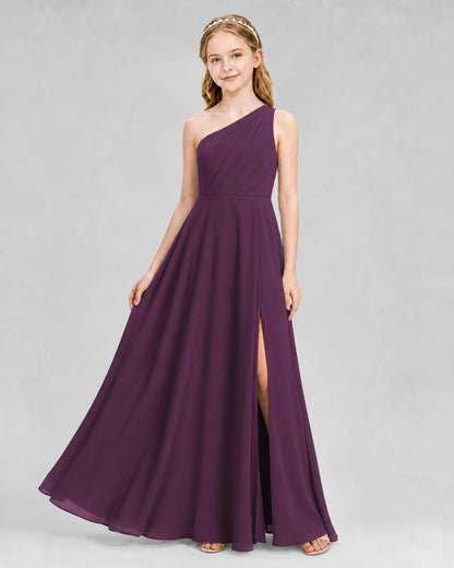 Dideyttawl One Shoulder Chiffon Junior Bridesmaid Dress with Slit
