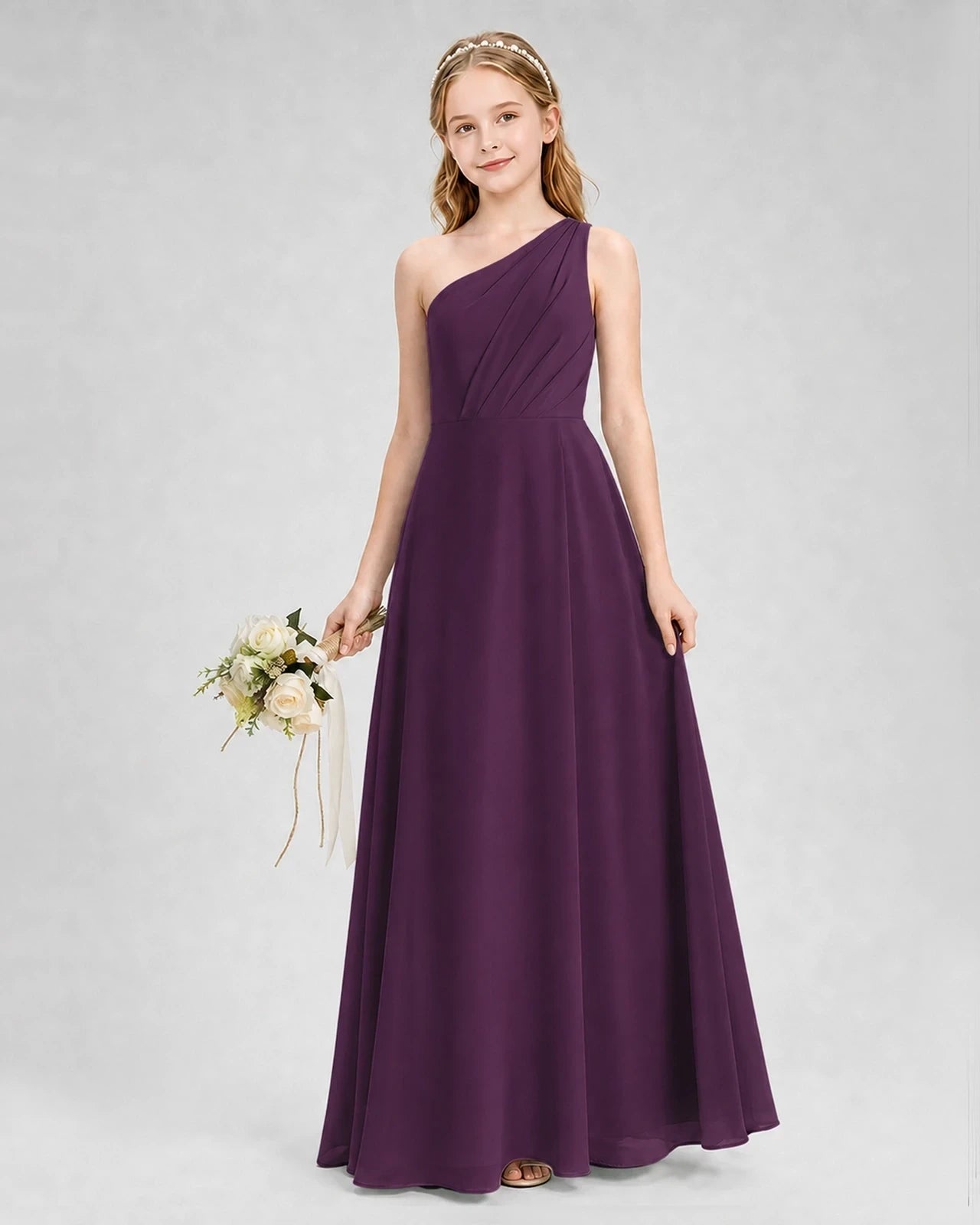 Dideyttawl One Shoulder Chiffon Junior Bridesmaid Dress with Slit