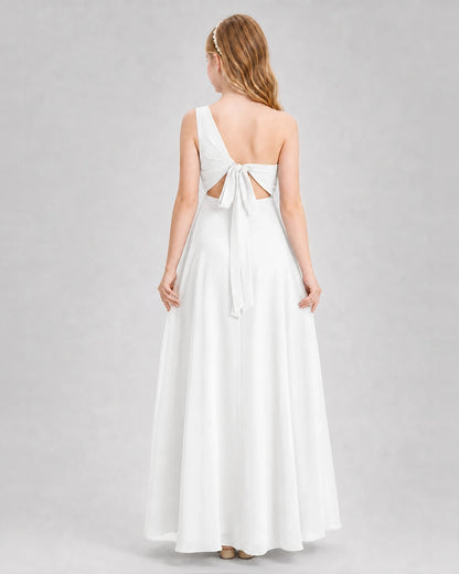 Dideyttawl One Shoulder Chiffon Junior Bridesmaid Dress with Slit