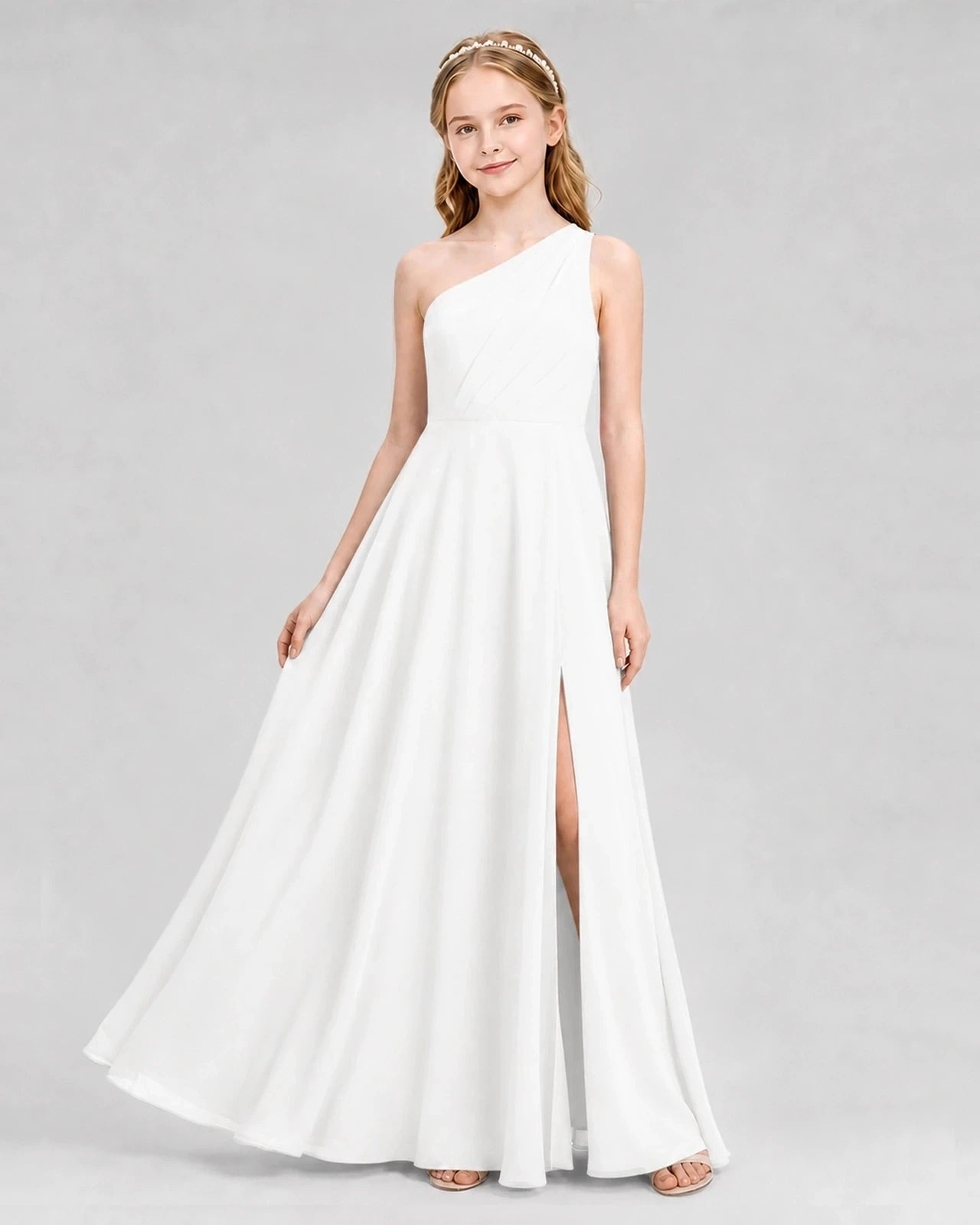 Dideyttawl One Shoulder Chiffon Junior Bridesmaid Dress with Slit