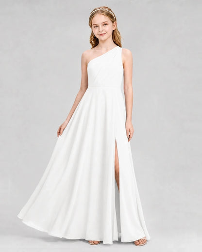 Dideyttawl One Shoulder Chiffon Junior Bridesmaid Dress with Slit
