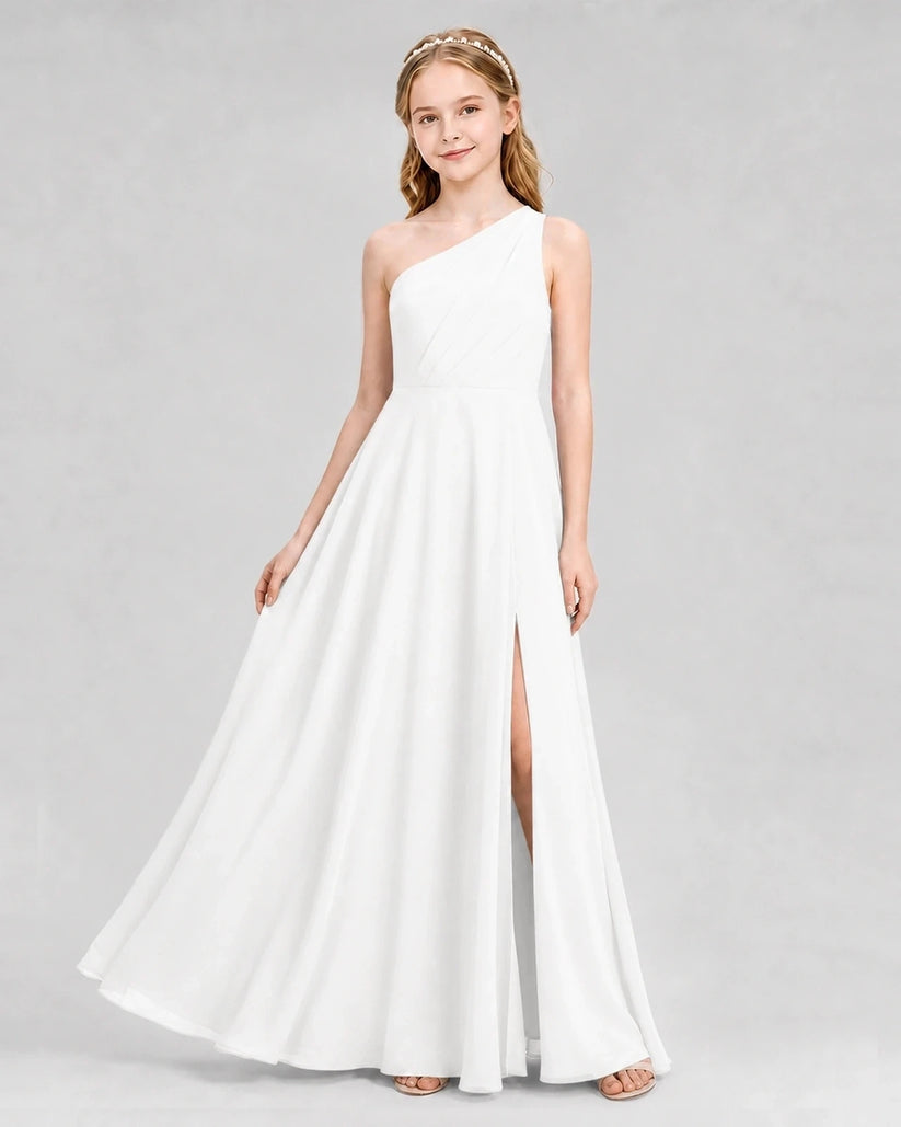 Ivory Chiffon One-Shoulder Junior Bridesmaid Dresses Front View