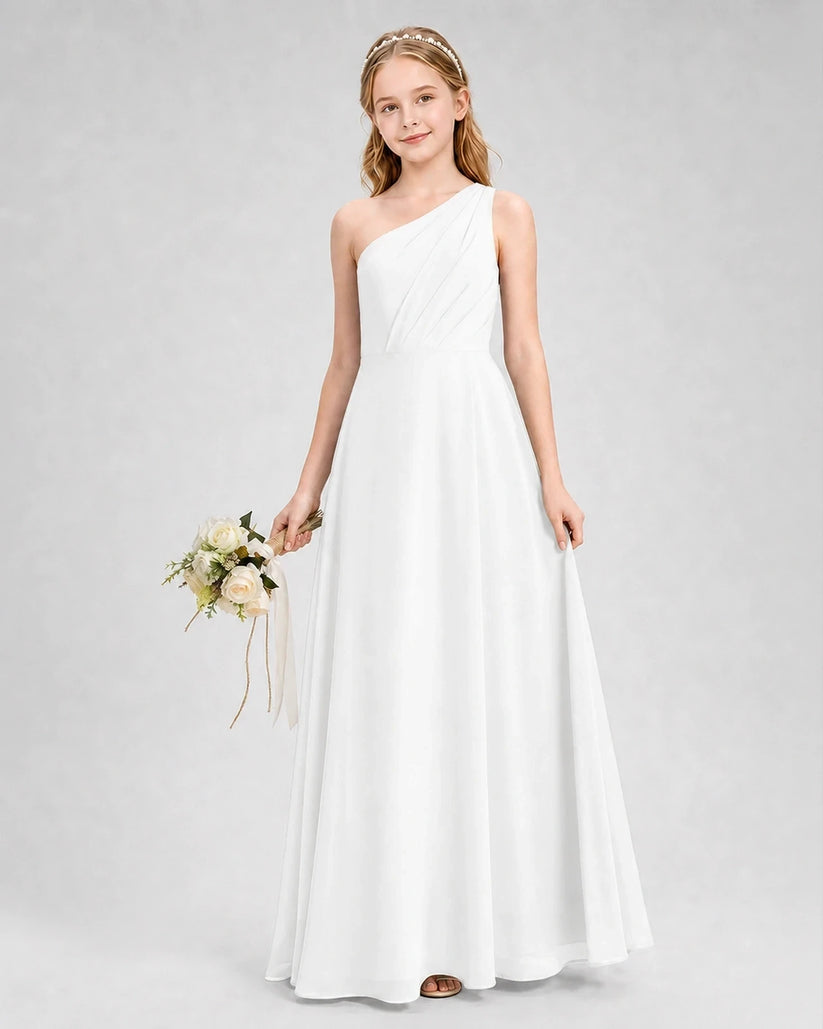 Ivory Chiffon One-Shoulder Junior Bridesmaid Dresses Side View