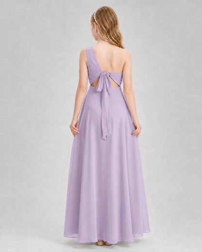 Dideyttawl One Shoulder Chiffon Junior Bridesmaid Dress with Slit