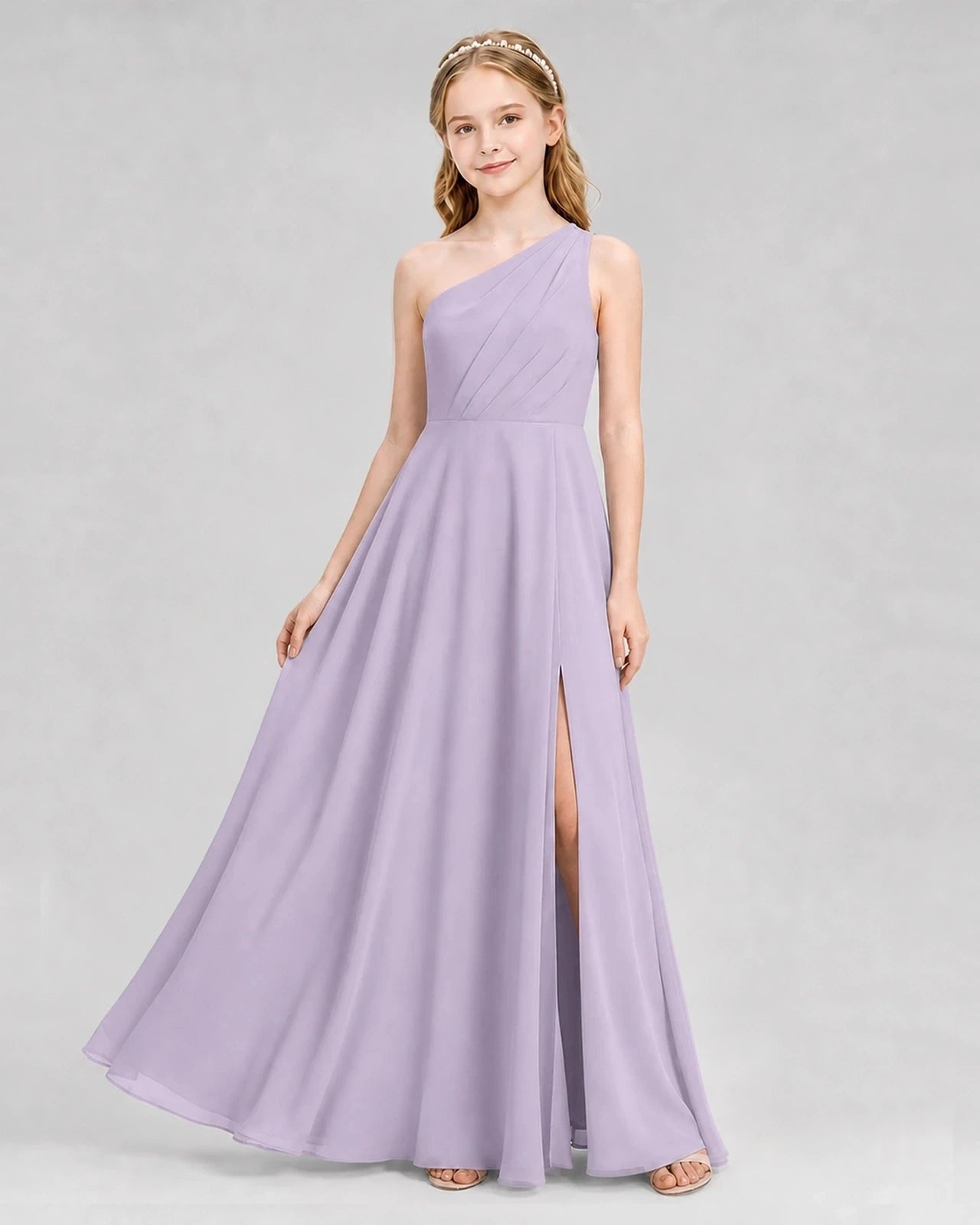 Dideyttawl One Shoulder Chiffon Junior Bridesmaid Dress with Slit