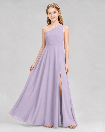 Dideyttawl One Shoulder Chiffon Junior Bridesmaid Dress with Slit