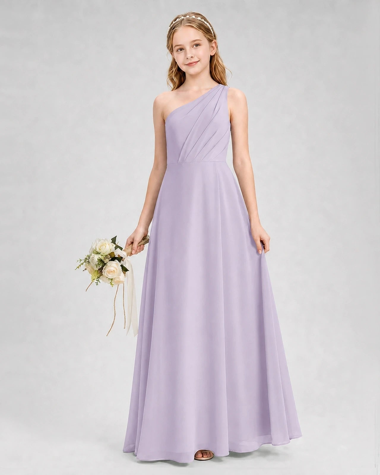 Dideyttawl One Shoulder Chiffon Junior Bridesmaid Dress with Slit