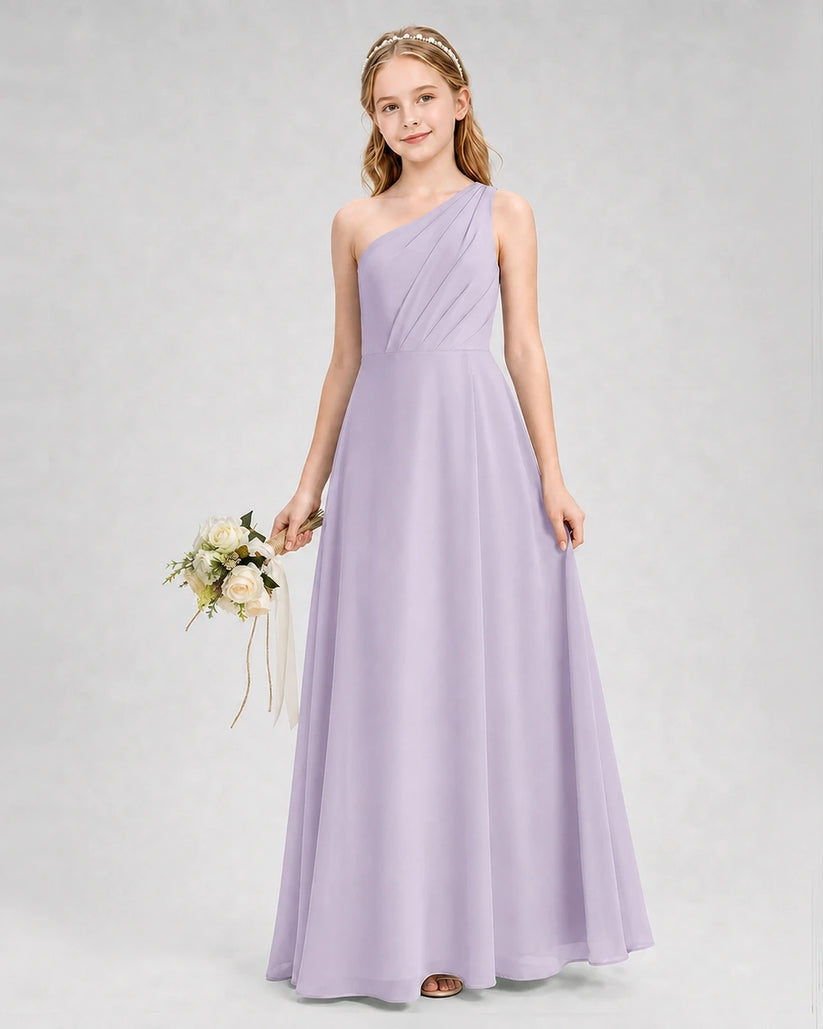 Lavender Chiffon One-Shoulder A-Line Junior Bridesmaid Dresses Side View