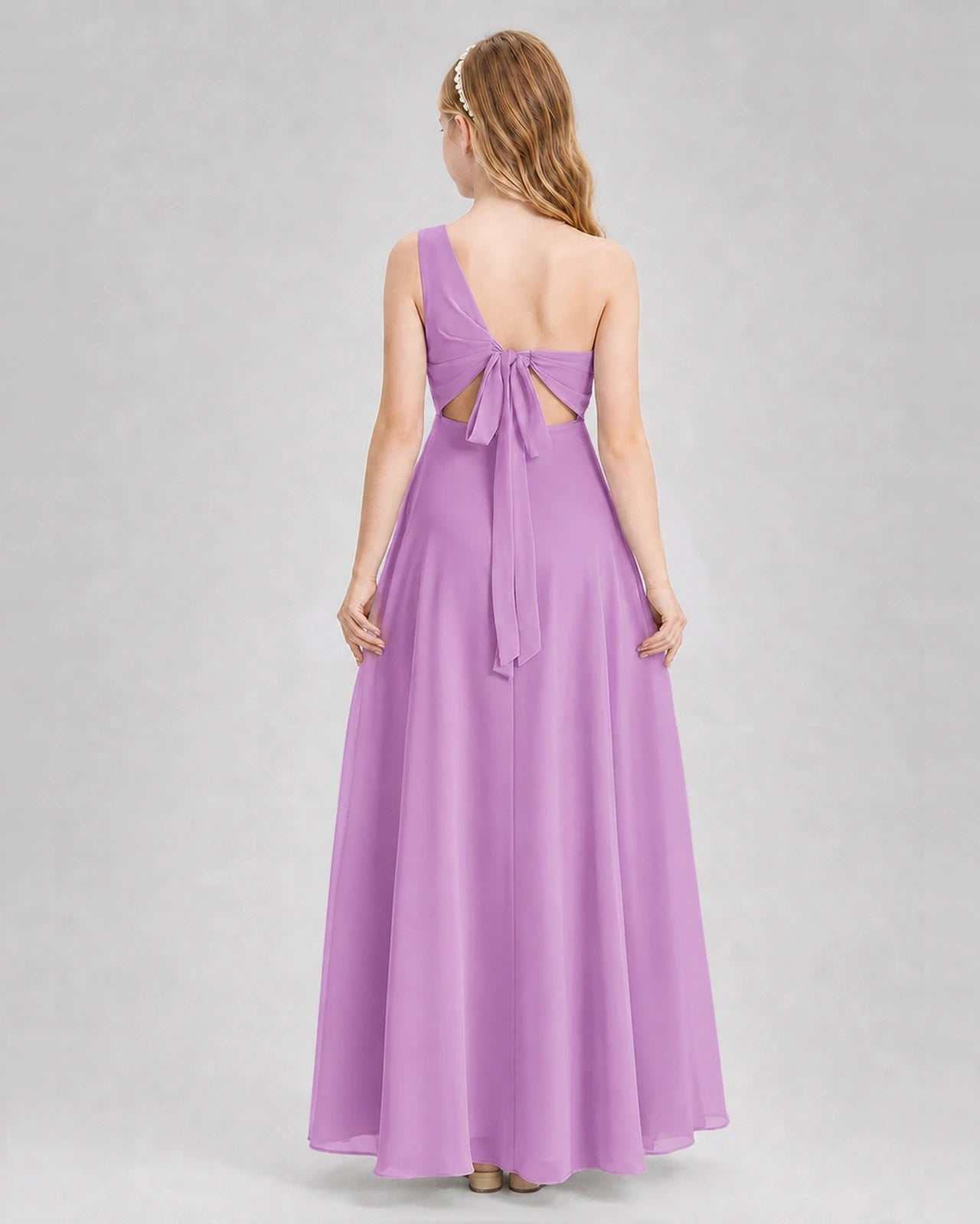 Dideyttawl One Shoulder Chiffon Junior Bridesmaid Dress with Slit