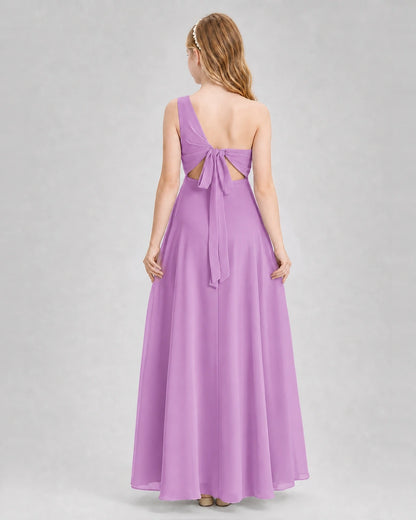 Dideyttawl One Shoulder Chiffon Junior Bridesmaid Dress with Slit