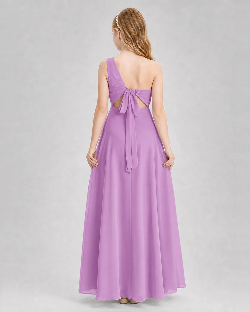 Lilac Chiffon One-Shoulder Junior Bridesmaid Dress Back View