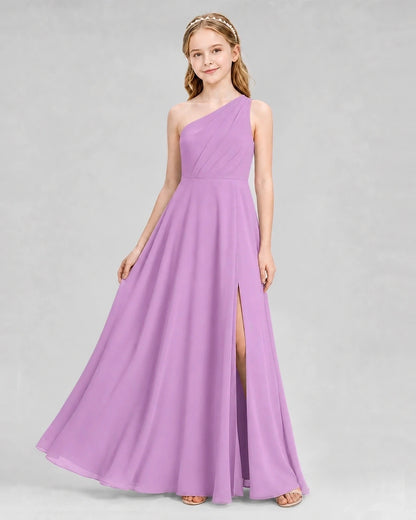Dideyttawl One Shoulder Chiffon Junior Bridesmaid Dress with Slit