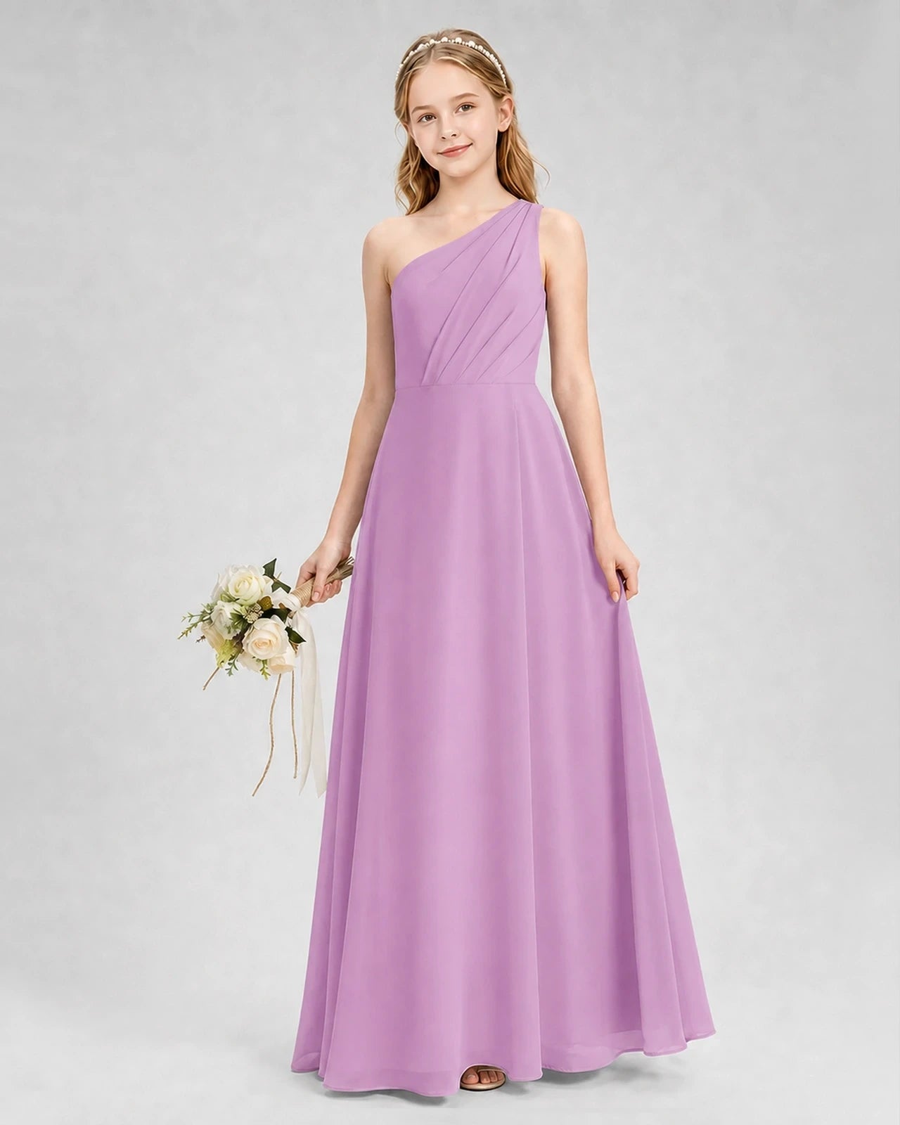 Dideyttawl One Shoulder Chiffon Junior Bridesmaid Dress with Slit