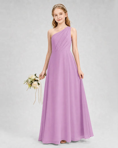 Dideyttawl One Shoulder Chiffon Junior Bridesmaid Dress with Slit