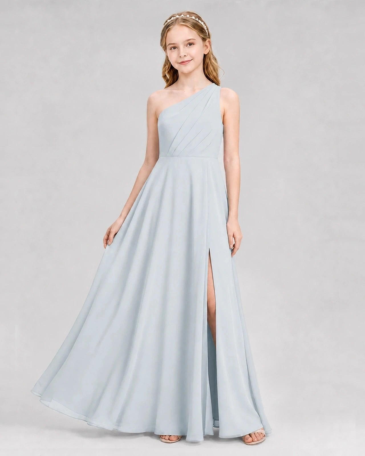 Dideyttawl One Shoulder Chiffon Junior Bridesmaid Dress with Slit