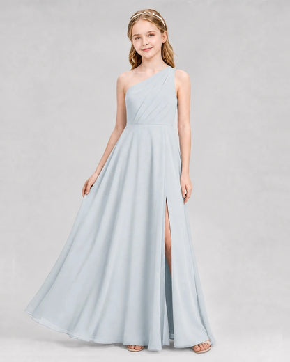 Dideyttawl One Shoulder Chiffon Junior Bridesmaid Dress with Slit