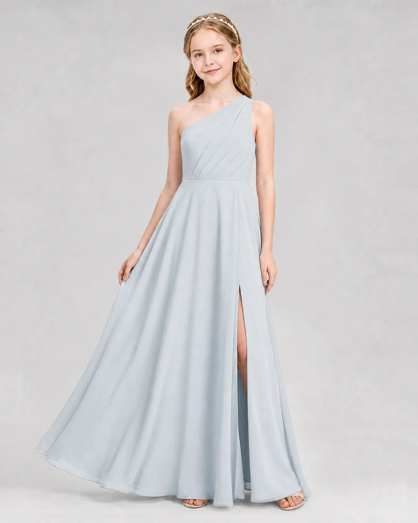 Mist Chiffon One-Shoulder A-Line Junior Bridesmaid Dresses Front View