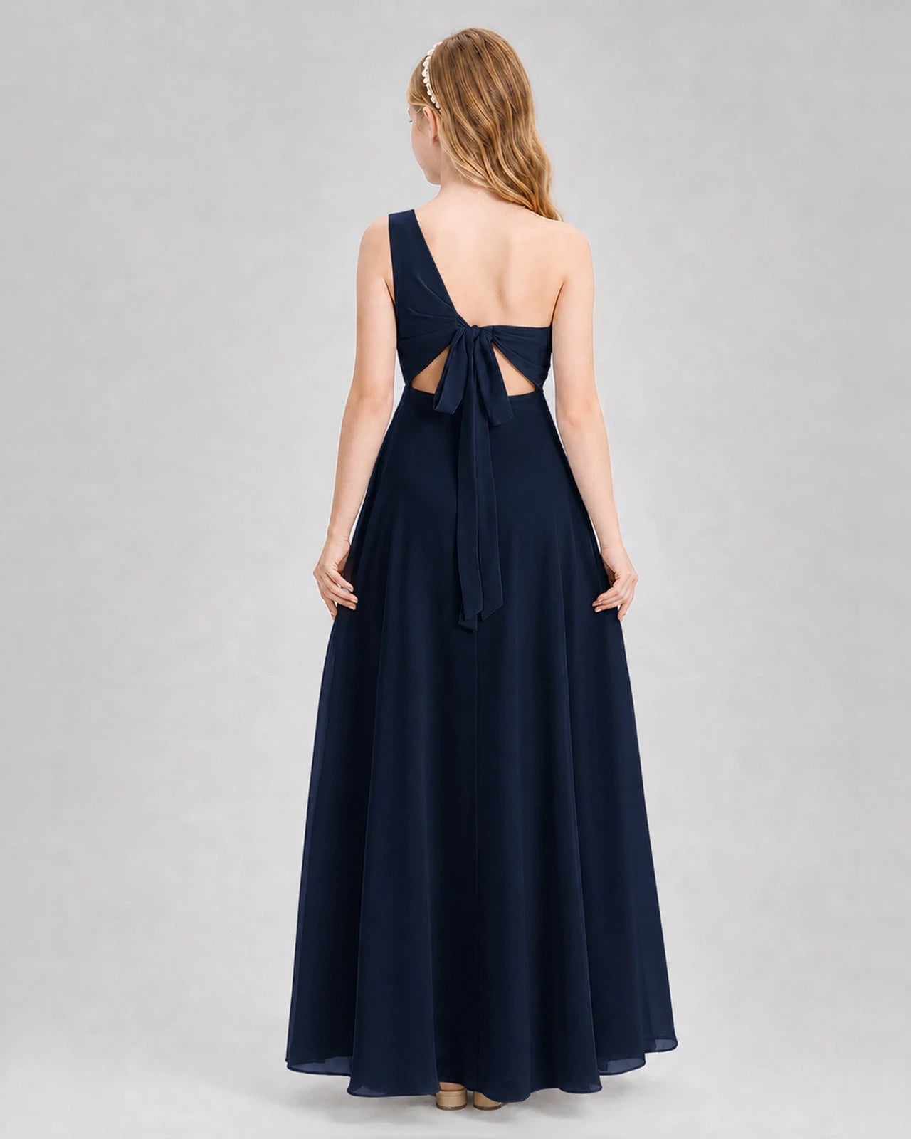Dideyttawl One Shoulder Chiffon Junior Bridesmaid Dress with Slit