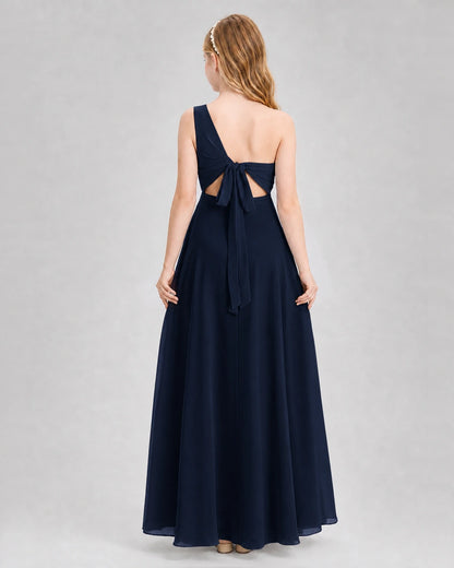 Dideyttawl One Shoulder Chiffon Junior Bridesmaid Dress with Slit