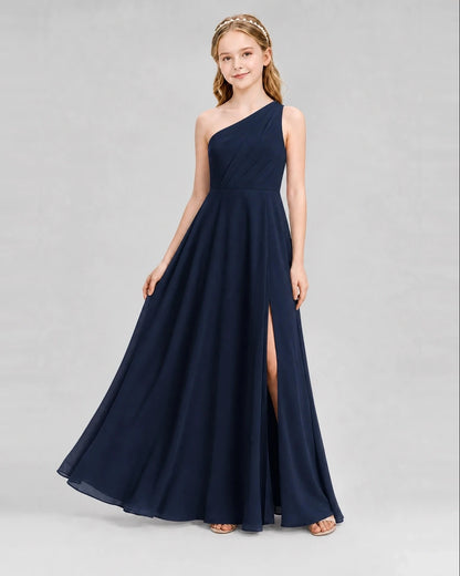 Dideyttawl One Shoulder Chiffon Junior Bridesmaid Dress with Slit