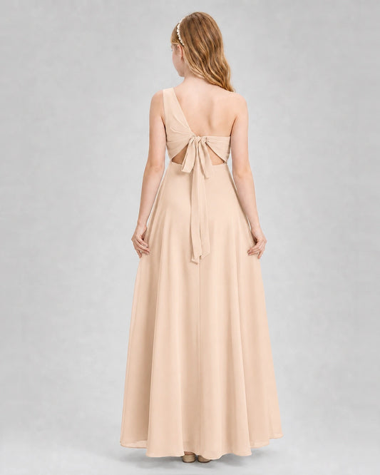 Peach Chiffon One-Shoulder A-Line Junior Bridesmaid Dresses Back View