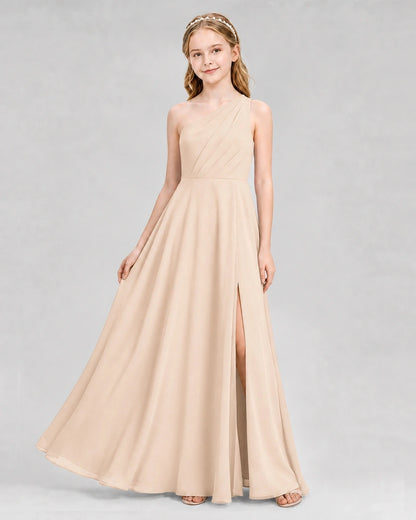 Dideyttawl One Shoulder Chiffon Junior Bridesmaid Dress with Slit